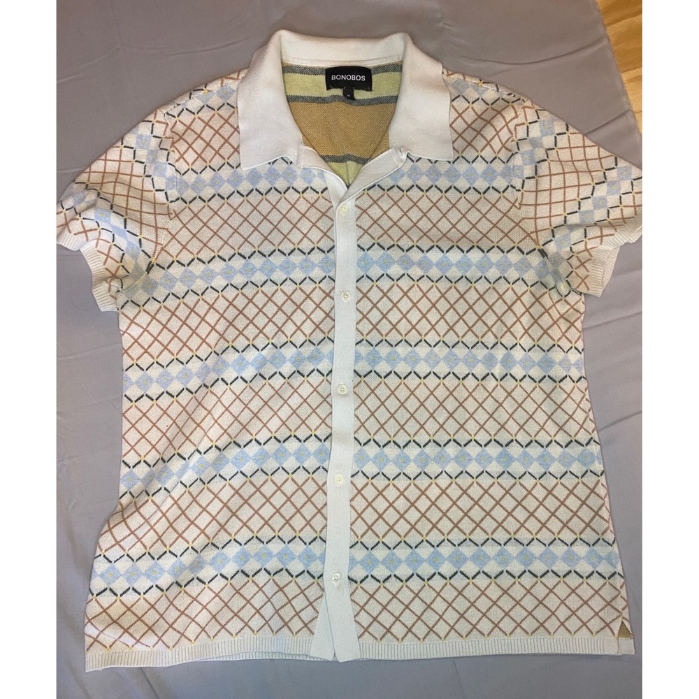 Bonobos Button Down Sweater Polo Mens M Cream Argyle Knit Short Sleeve